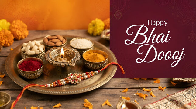 Greeting card with puja thali (tray) and traditional sweets (laddu) for Bhai Dooj Poster Design