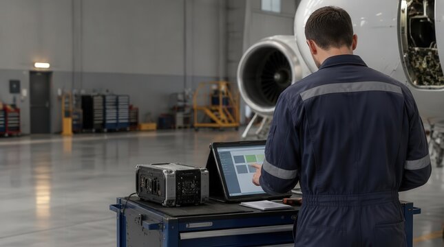 Aircraft Technician Performing Jet Engine Diagnostics in Hangar