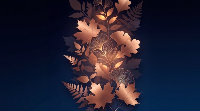 Elegant rose gold botanical leaves pattern on dark blue background