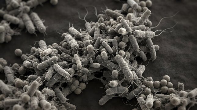 Microscopic view of rod shaped bacteria forming a complex colony