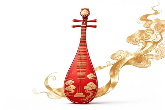 Red Chinese Pipa Lute With Golden Cloud Patterns And Flowing Golden Clouds