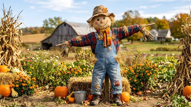 Friendly scarecrow with straw stuffing and plaid shirt