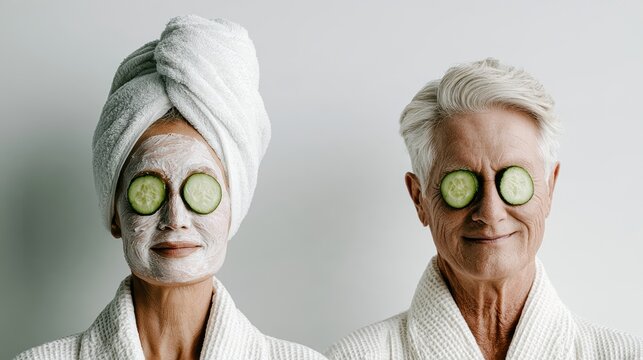 Young Woman beauty and healthy girl self care concept, girl in pink robe eating salad drink matcha and doing facial mask skincare cucumber routine,happy clean girl is popular,diet,wellness concept.