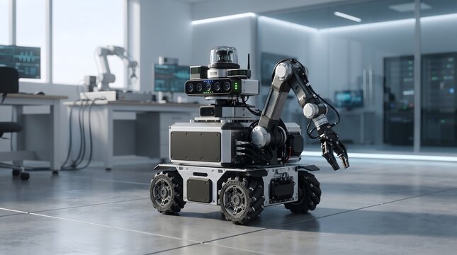Autonomous mobile robot with robotic arm in a modern laboratory