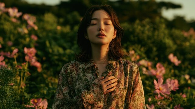 Young woman breathing fresh morning air,fresh air outdoor in park,forest or garden and sunlight,peaceful,mental health,relaxation,freedom,wellness concept.