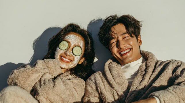 Couple beauty and healthy girl self care concept, girl in pink robe eating salad drink matcha and doing facial mask skincare cucumber routine,happy clean girl is popular,diet,wellness concept.