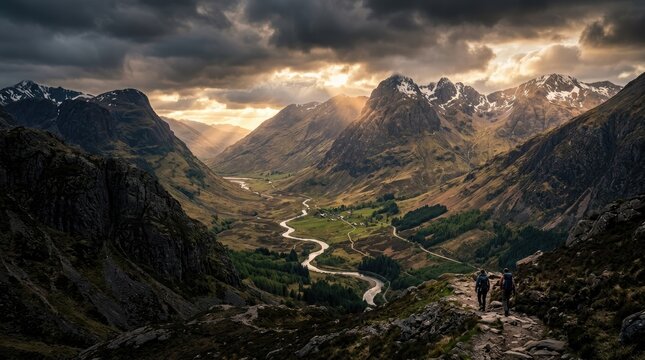 Two hikers walking on a rocky trail overlooking a deep river valley at sunset