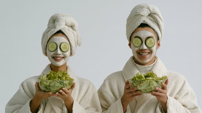 Couple beauty and healthy girl self care concept, girl in pink robe eating salad drink matcha and doing facial mask skincare cucumber routine,happy clean girl is popular,diet,wellness concept.