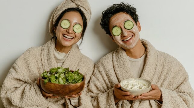 Couple beauty and healthy girl self care concept, girl in pink robe eating salad drink matcha and doing facial mask skincare cucumber routine,happy clean girl is popular,diet,wellness concept.