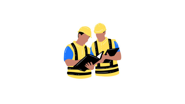 Construction workers or engineers wearing hard hats checking documents vector illustration