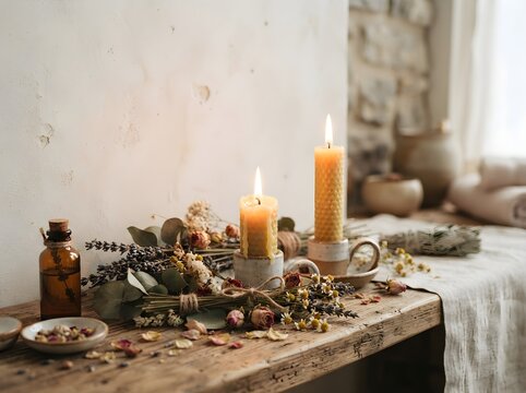 Two beeswax pillar candles lit on a rustic wooden table surrounded by dried botanical herbs with dried flowers hand crafted botanical wellness aromatherapy interior atmosphere relaxation