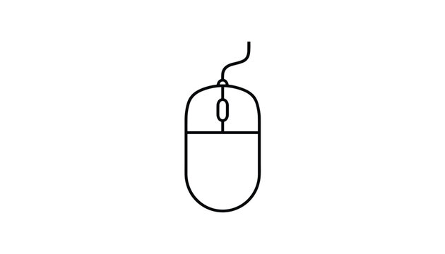 Computer mouse line art illustration in a minimalist style features a scroll wheel and a cord on a white background for tech.