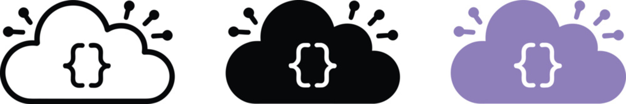 Cloud coding and database programming icons with curly brackets for web developers
