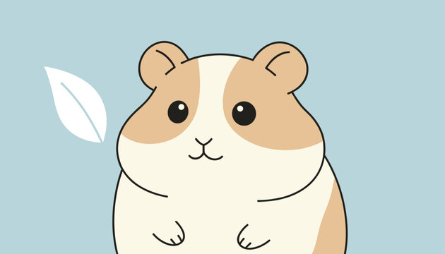 Cute illustration of a chubby beige and white hamster sitting beside a single white leaf against a blue background.