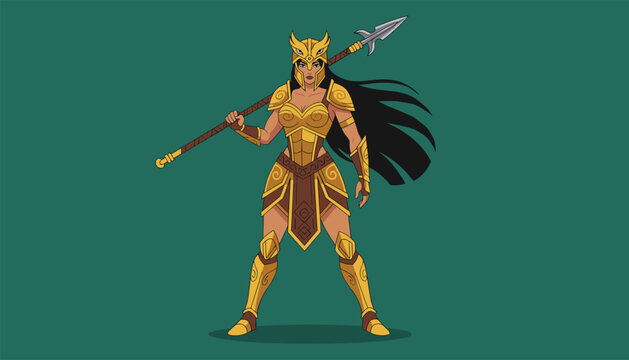 Beautiful fantasy female warrior in golden armor holding a sharp spear against a solid green background.