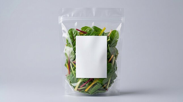 Transparent Plastic Pouch Mockup with Fresh Green Salad Leaves and Blank Label for Food Branding Design on Grey Background