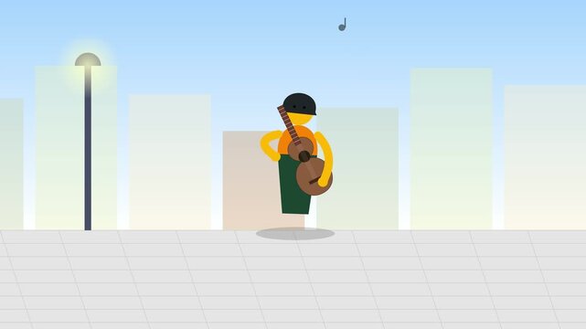 Street Musician Playing Acoustic Guitar in City Park 2D Motion Graphics Animation