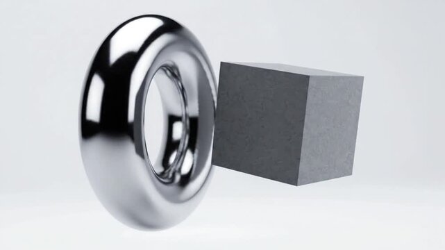 Minimalist floating gray cube with chrome torus on white background