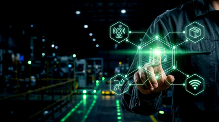 Obraz premium Engineer interacting with holographic interface demonstrating advanced Workforce Automation Skills for smart factory management and integrated digital industrial operations