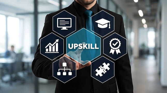 Professional man touching upskill hologram interface for career growth
