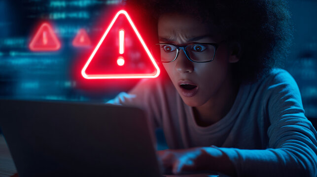 Shocked young woman staring at glowing warning signs on her laptop screen during night work
