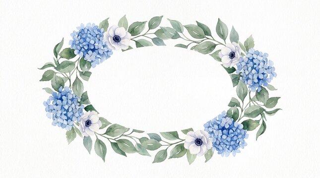 Elegant watercolor floral wreath, delicate blue hydrangea and white anemone flowers, lush green foliage, botanical frame for wedding invitations and spring designs