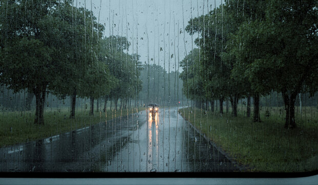 Rainy Tree-Lined Road Seen Through Wet Windshield at Dusk