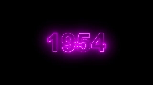 Animated glowing pink purple neon light year 1954 number isolated on dark background
