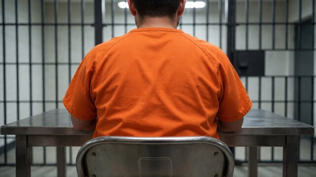 A person wearing orange prison scrubs sits at a metal table inside a jail cell with barred walls.