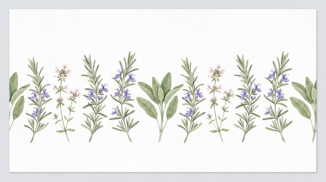 Watercolor botanical seamless border with rosemary, sage, and thyme herbs, delicate green leaves and purple flowers, isolated on a clean white background, ideal for packaging or textile design