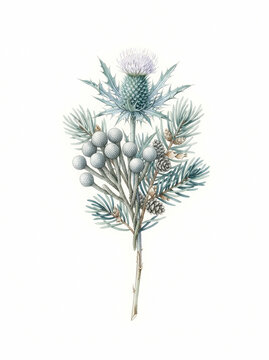 Thistle and silver brunia watercolor illustration isolated on white