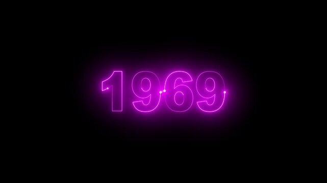 Animated glowing pink purple neon light year 1969 number isolated on dark background