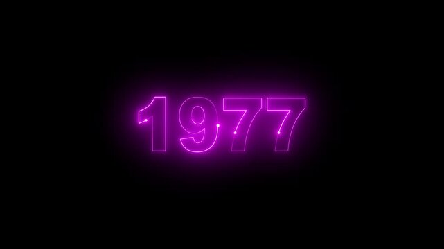 Animated glowing pink purple neon light year 1977 number isolated on dark background