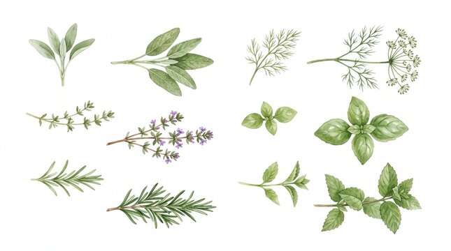 Watercolor herb collection, fresh green culinary herbs illustration, aromatic cooking ingredients, natural organic seasoning elements for food and wellness designs.
