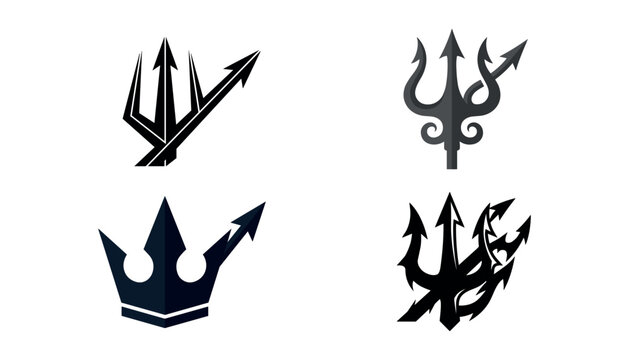 &bull;  Mythological trident logo vector icons set featuring neptune poseidon pitchfork emblems and sharp sea king crowns for branding layout,