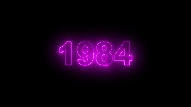Animated glowing pink purple neon light year 1984 number isolated on dark background