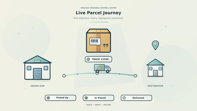 Live parcel journey monitor animation with route tracking, delivery checkpoints and real-time shipment status, clean logistics motion graphic for ecommerce, courier operations and shipment visibility