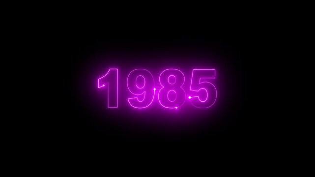 Animated glowing pink purple neon light year 1985 number isolated on dark background