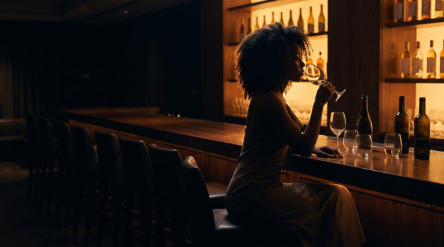 Woman drinking wine alone at dimly lit bar counter at night