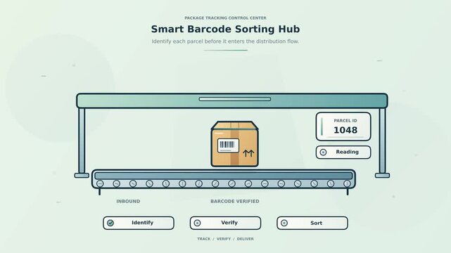 Smart barcode sorting hub animation with conveyor scanning, parcel identification and automated routing, clean logistics motion graphic for warehouse operations, ecommerce fulfillment and distribution