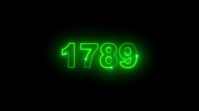 Glowing green neon 1789 year text counter loop on black background