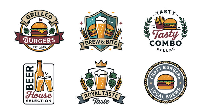 Set of vintage vector logo designs for craft burgers and beer house restaurants.