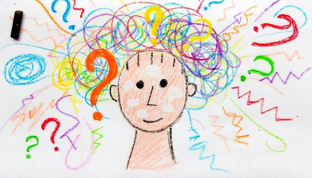 Children's crayon drawing of a human head surrounded by tangled colorful spirals, question marks and messy lines representing overthinking and racing thoughts.