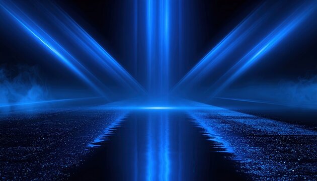 Cybersecurity and digital transformation blue neon light beams on dark wet asphalt surface with reflection for technology background and virtual space