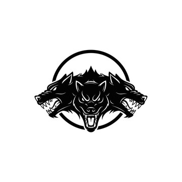 Three-headed wolf logo, mythical creature, dark fantasy, black and white vector art