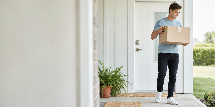 A young man carrying a cardboard box, walking towards a house. He is dressed in casual clothes and has a relaxed expression