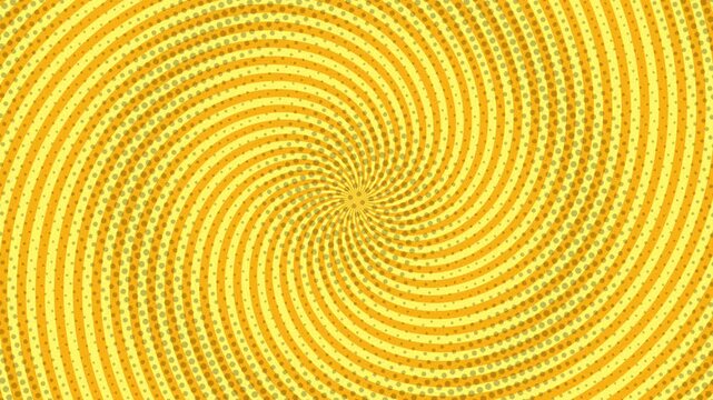 Yellow halftone spiral pattern slowly rotates in an abstract geometric design