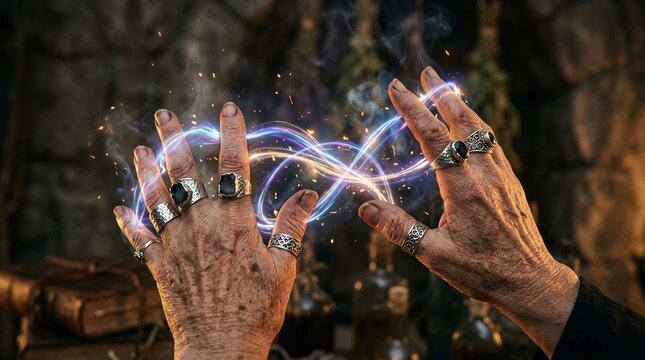 Cinematic Fantasy Close Up of Old Witch Hands Casting Magic Spell with Glowing Infinity Light Trails