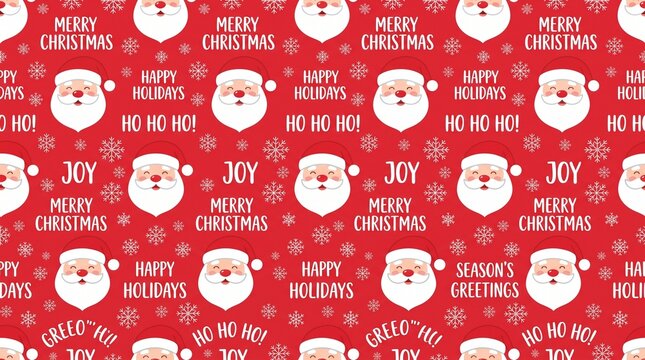 A vibrant red seamless pattern featuring cheerful Santa Claus faces, white snowflakes, and various holiday greetings like 'Merry Christmas,' 'Happy Holidays,' 'HO HO HO!,' and 'JOY,' creating a festiv