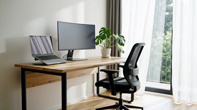 Modern ergonomic home office workspace with dual monitor setup.